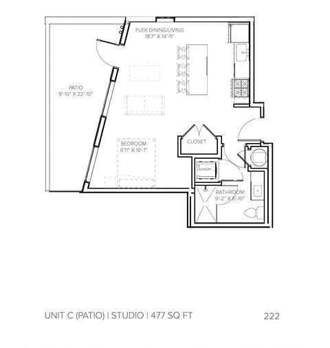 Floor plan for studio, 1 bath, 477 sqft